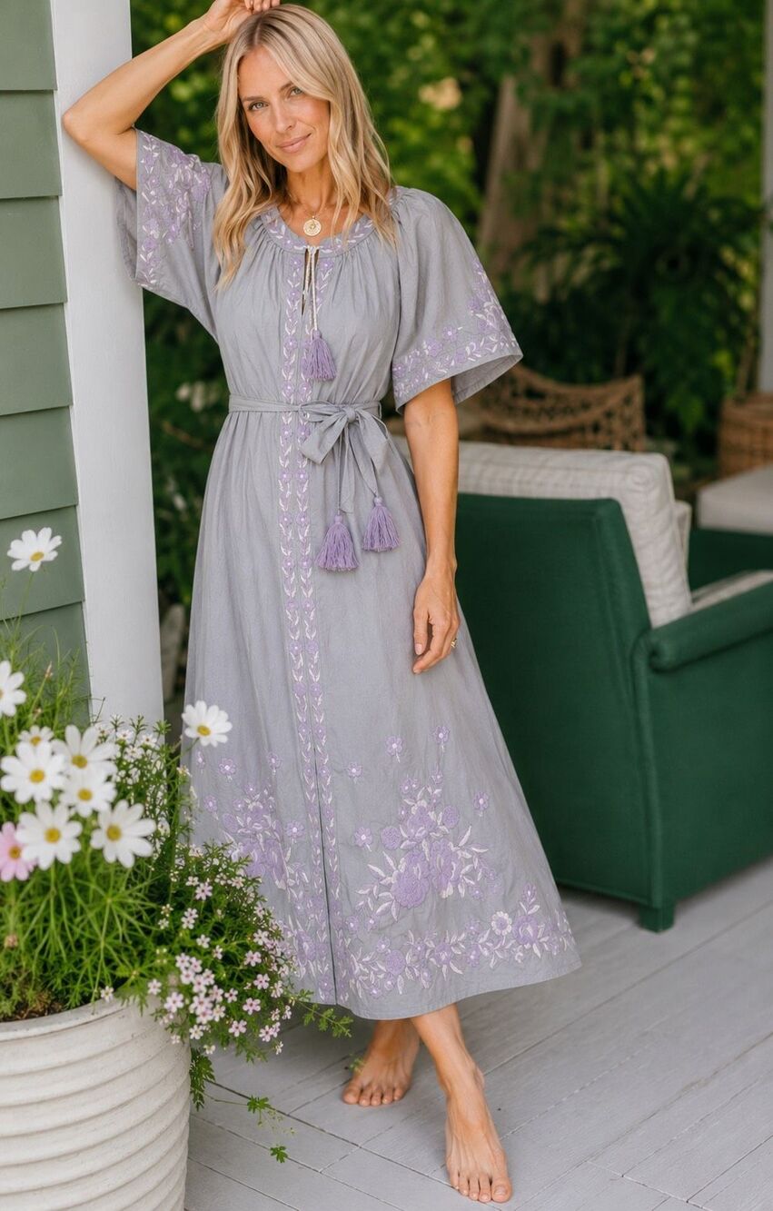 NWT Julia Amory Short Sleeve Coatue Caftan Embroidered Midi Dress, XS $298